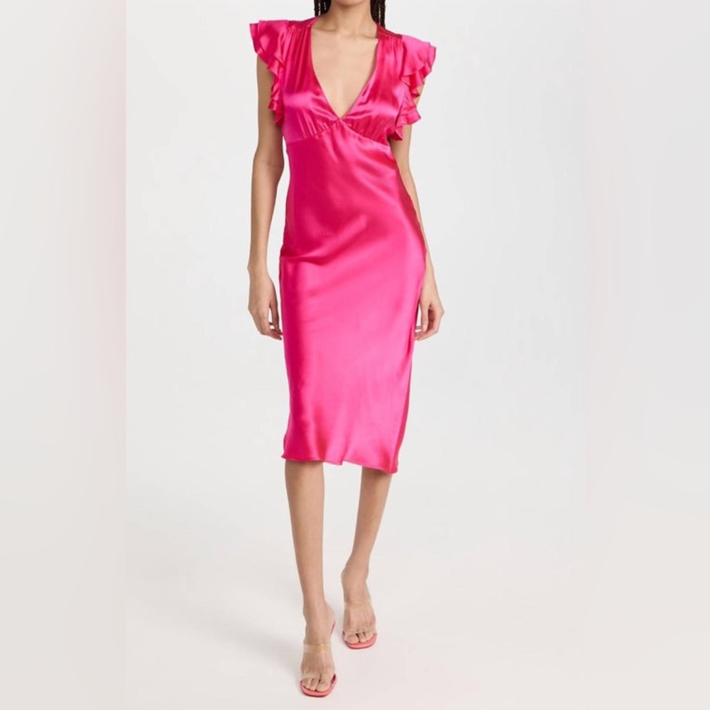 Amanda Uprichard Pink V-Neck Flutter Sleeve Midi Dress